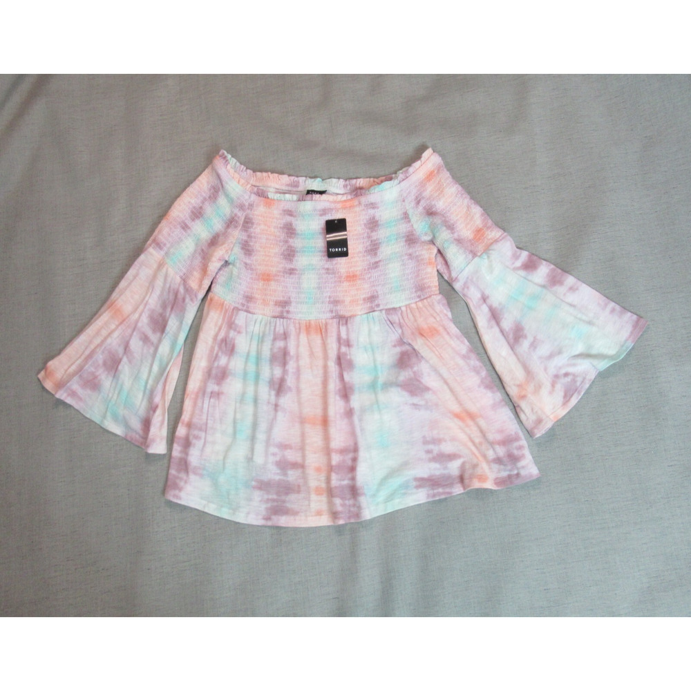 Torrid Top Womens 2 Multicolor Tie Dye Smocked Cold Shoulder Babydoll Hippie NWT